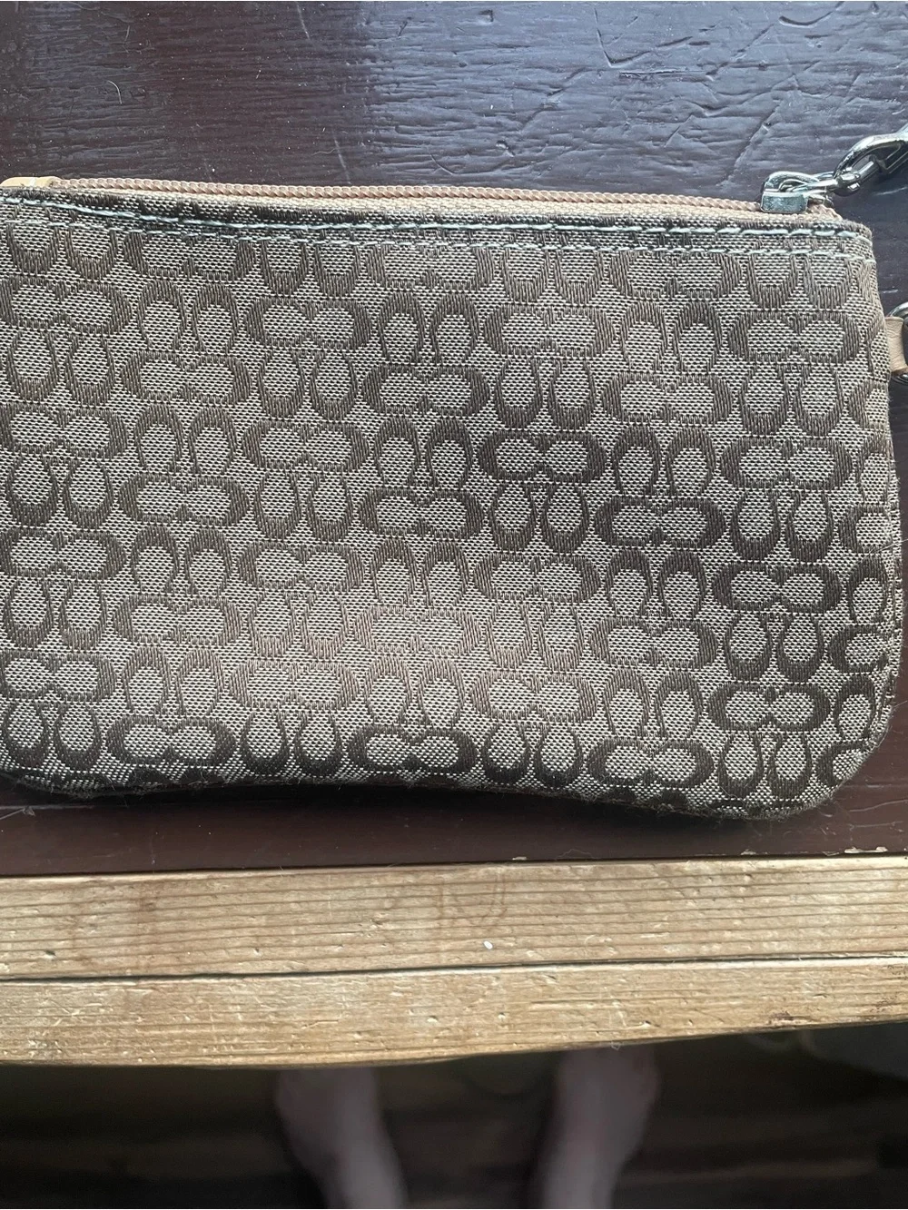 Coach Brown Signature Canvas Wristlet with Tan Leather Patch